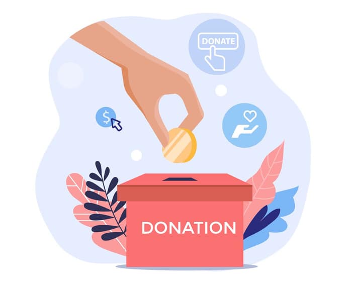 Illustration of a hand dropping a coin into a donation box